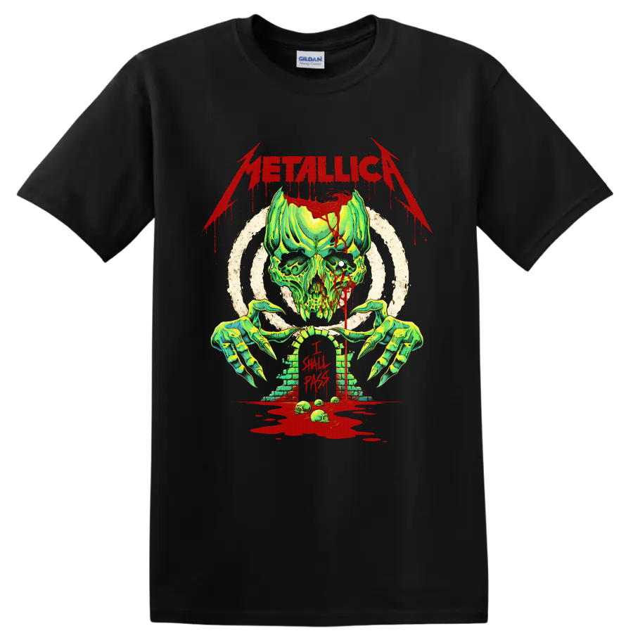 Metallica Creeping Death horror skull and claw graphic with I Shall Pass text on a Black T Shirt