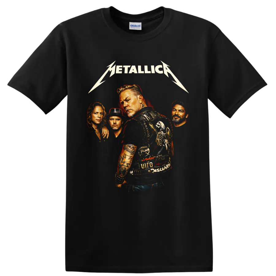 Metallica four-member portrait with lightning logo and vintage heavy metal poster art on a Black T Shirt