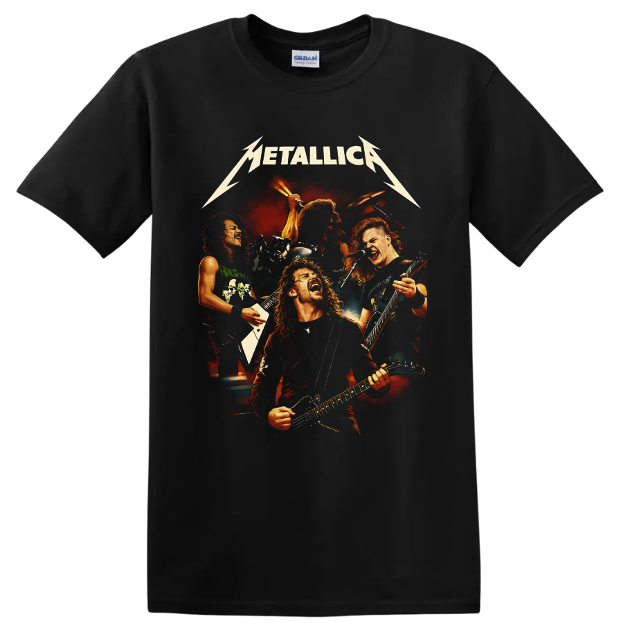 Metallica live concert collage with four musicians, guitars, drums, and fiery stage lights on a Black T Shirt