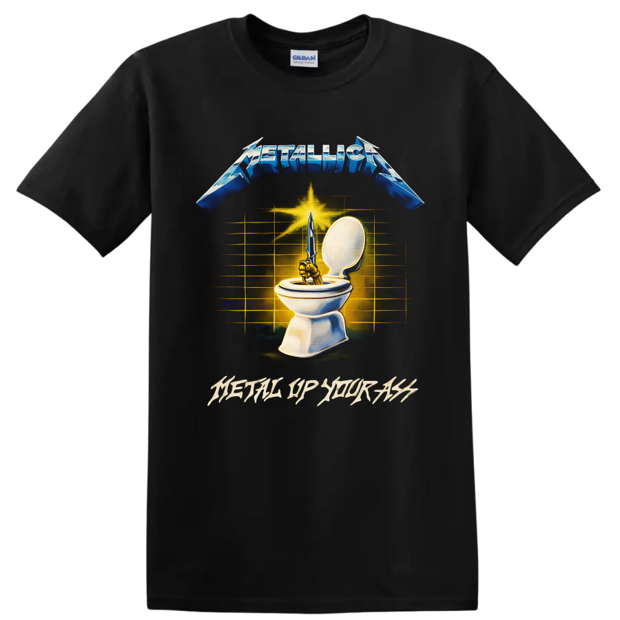 Metallica Metal Up Your Ass sword and toilet artwork with blue logo and gold burst on a Black T Shirt