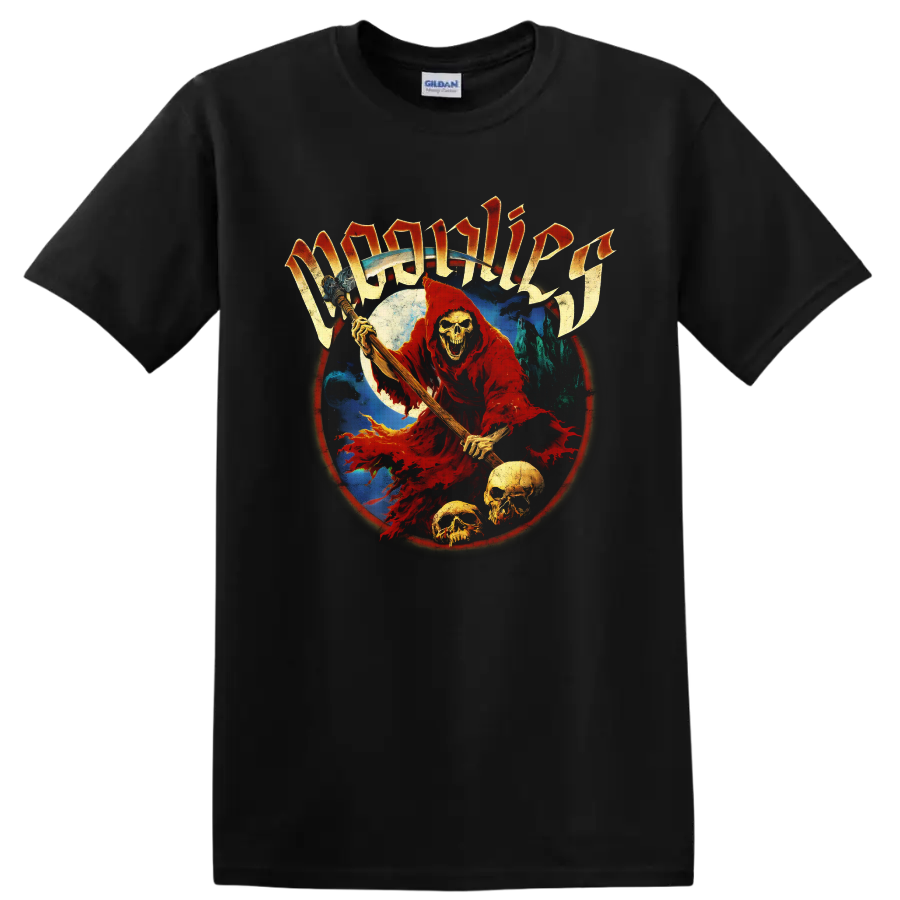 Moonlies red hooded skeletal reaper with skulls, moon, and gothic lettering on a Black T Shirt