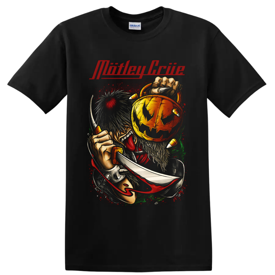Mötley Crüe horror pumpkin with clawed figure, knife, and red splatter art on a Black T Shirt