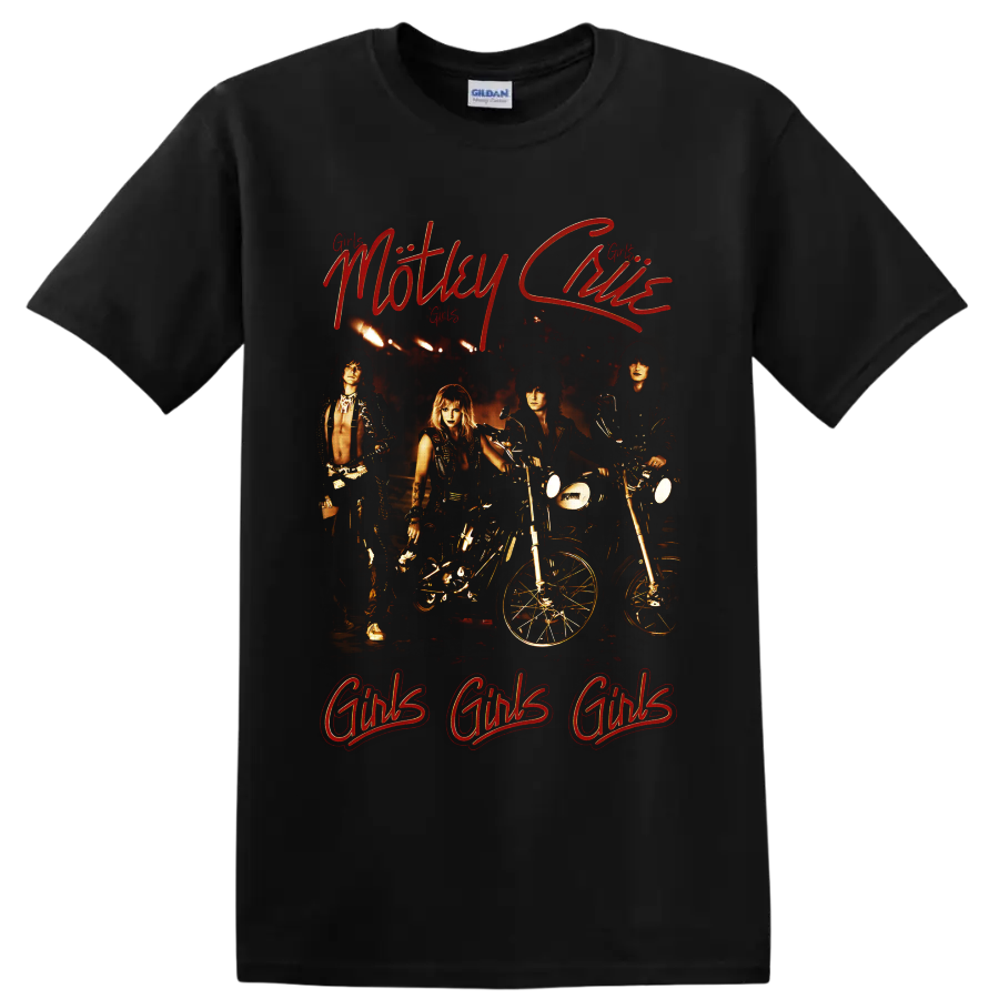 Mötley Crüe Girls Girls Girls biker graphic with motorcycles and red script on a Black T Shirt