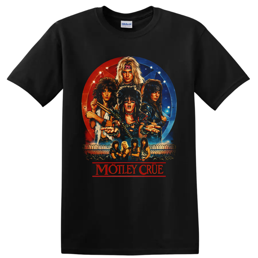 Mötley Crüe illustrated glam metal band portraits with red and blue concert poster on a Black T Shirt