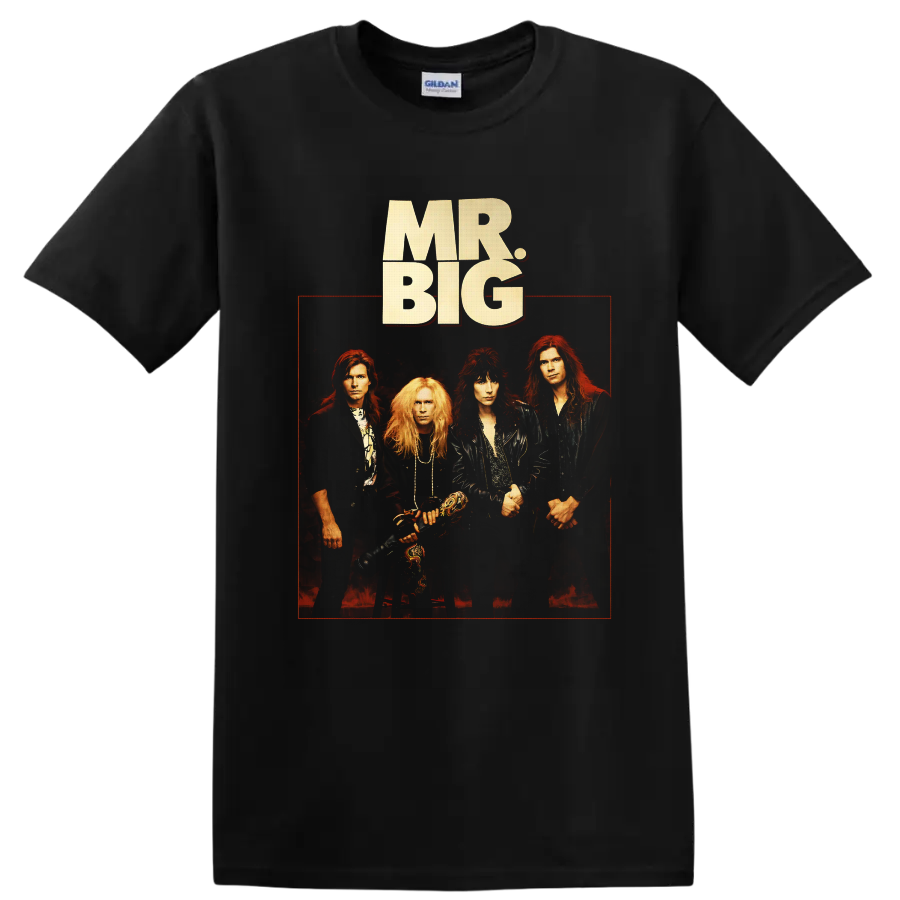 Mr. Big four-member hard rock portrait with cream logo and red concert-poster frame on a Black T Shirt