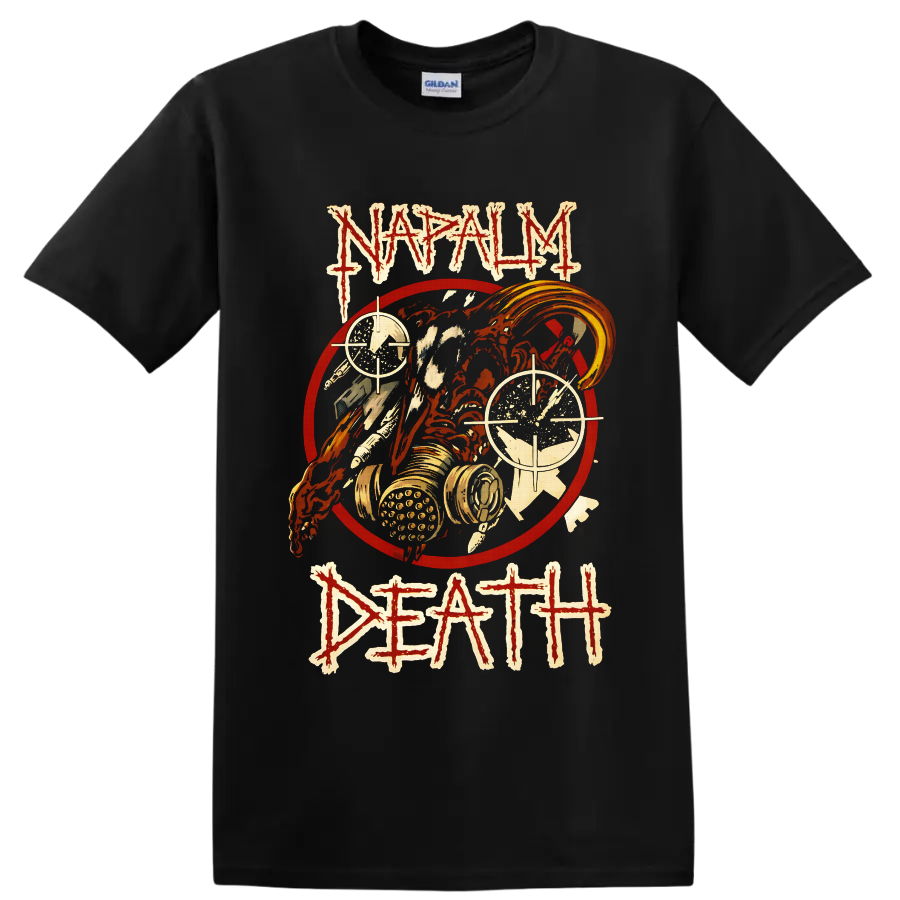 Napalm Death Life? distressed gas mask skull and crosshair death metal graphic on a Black T Shirt