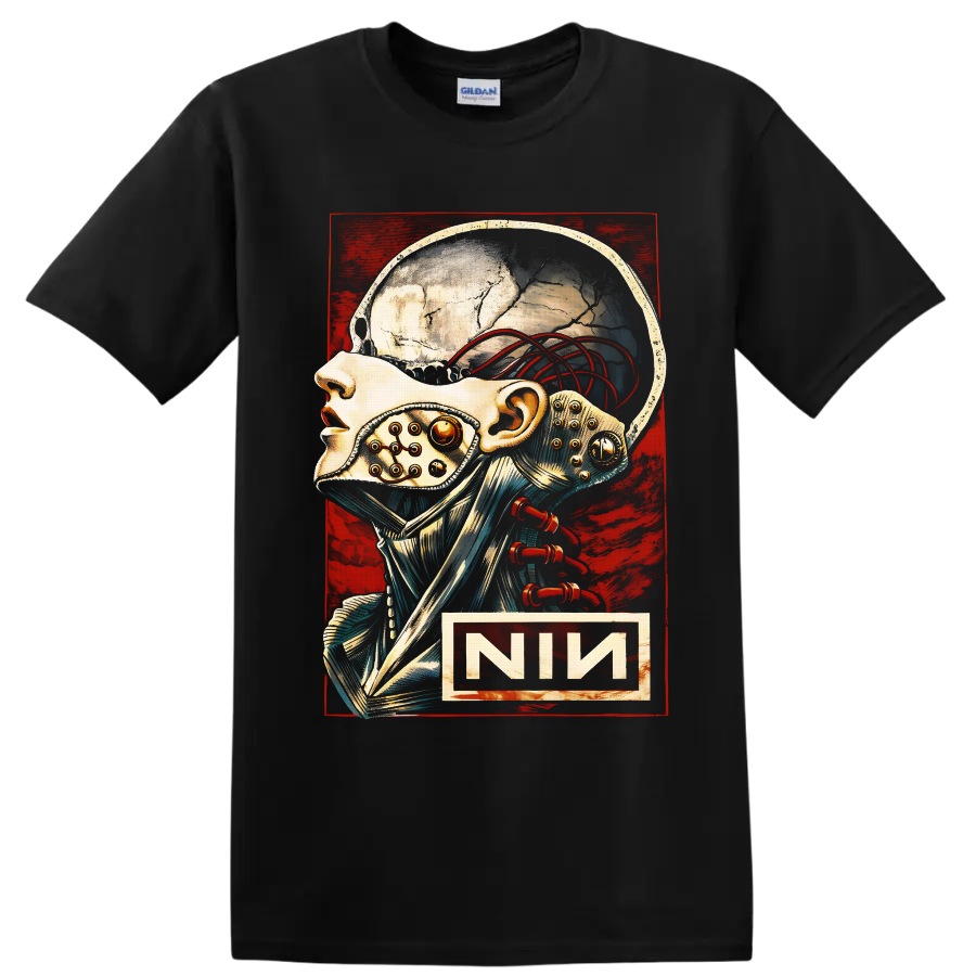Nine Inch Nails cybernetic skull illustration with red wires and distressed industrial on a Black T Shirt