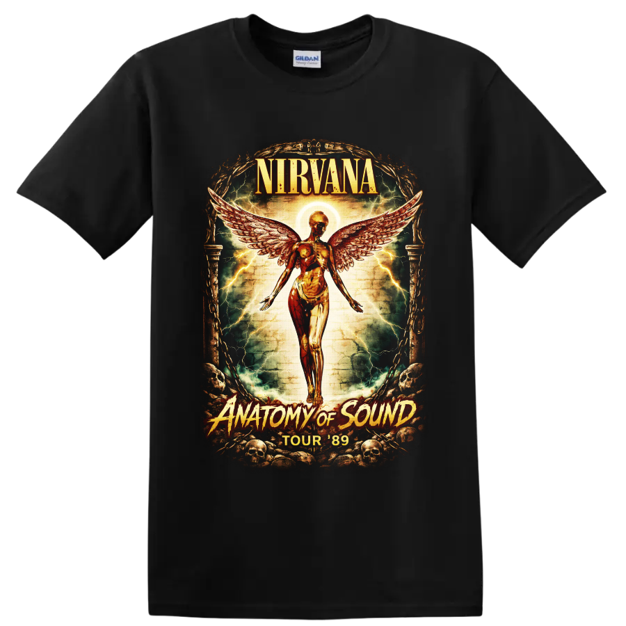 Nirvana Anatomy of Sound Tour 89 angel wings gothic concert-poster design on a Black T Shirt