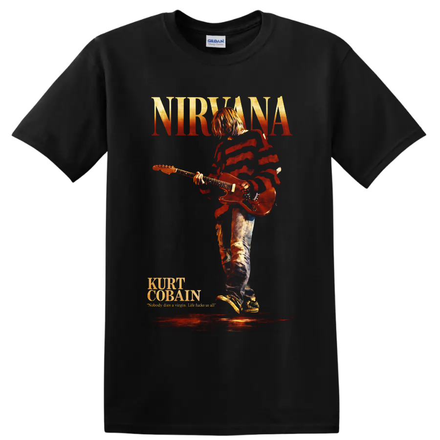 Kurt Cobain playing guitar beneath Nirvana text in distressed red concert poster style on a Black T Shirt