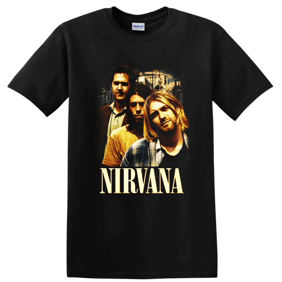 Nirvana portrait graphic with Kurt Cobain, Dave Grohl, Krist Novoselic, and band lettering on a Black T Shirt