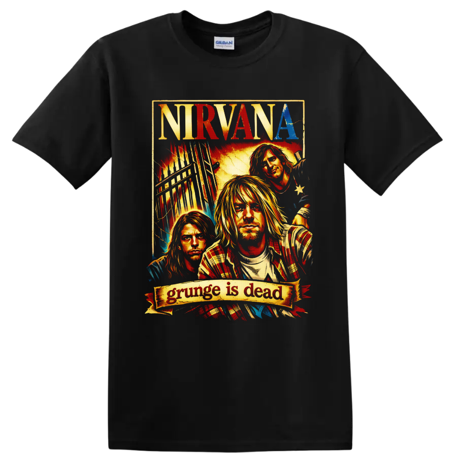 Nirvana grunge poster portrait of Kurt Cobain, Dave Grohl, and Krist Novoselic on a Black T Shirt
