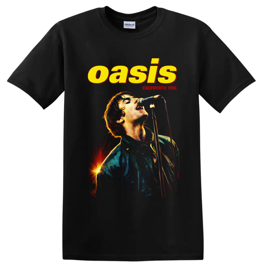 Liam Gallagher singing in Oasis Knebworth 1996 vintage concert poster design on a Black T Shirt