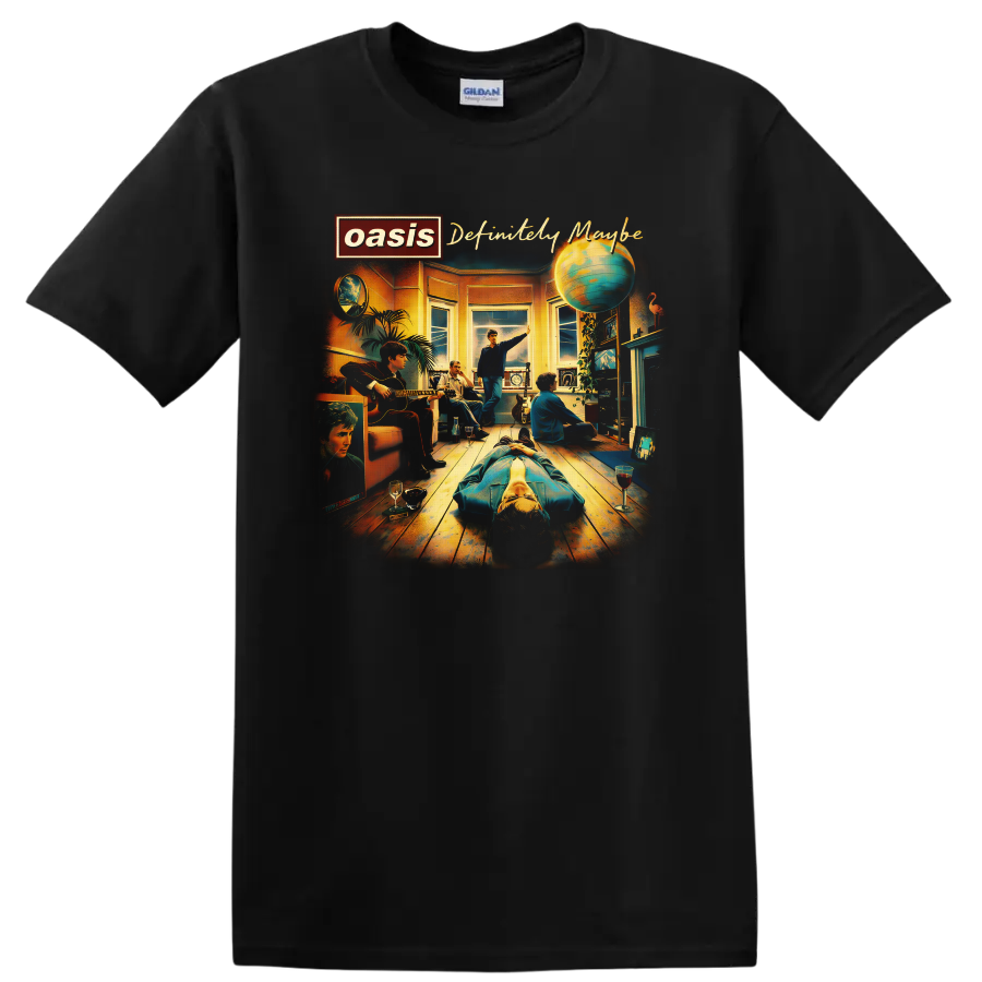 Oasis Definitely Maybe album cover illustration with band room scene and globe on a Black T Shirt