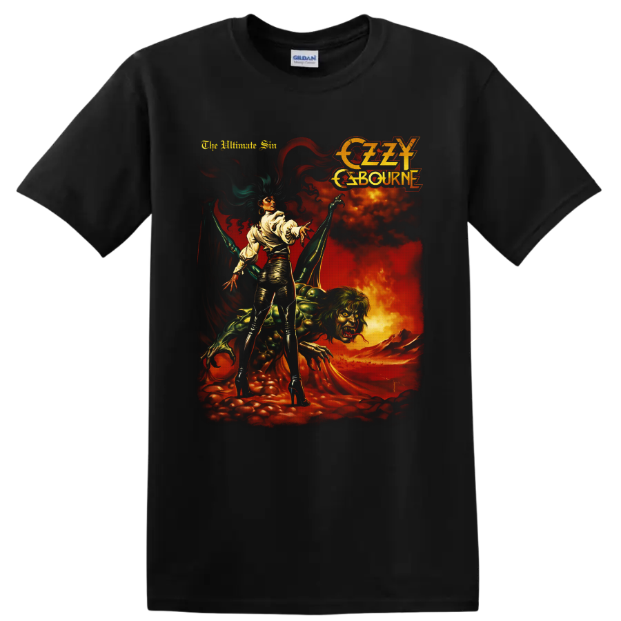 Ozzy Osbourne The Ultimate Sin gothic demon artwork with fiery vintage rock imagery on a Black T Shirt