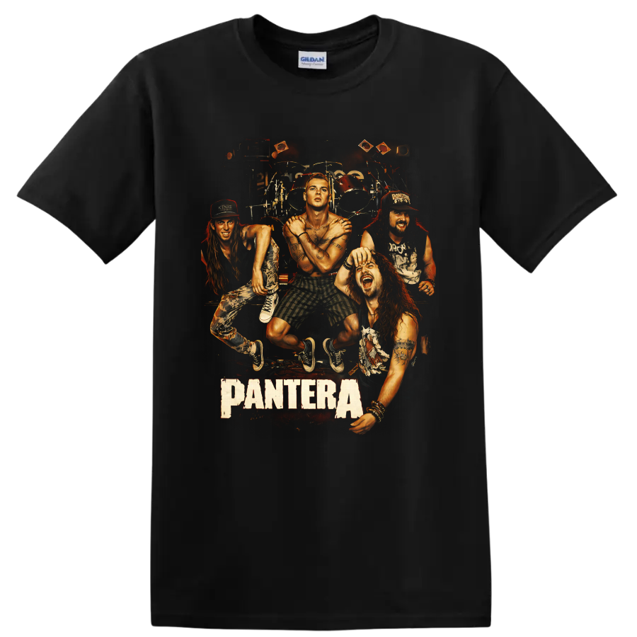 Illustrated Pantera band portrait with drums, concert lights, and Pantera text on a Black T Shirt