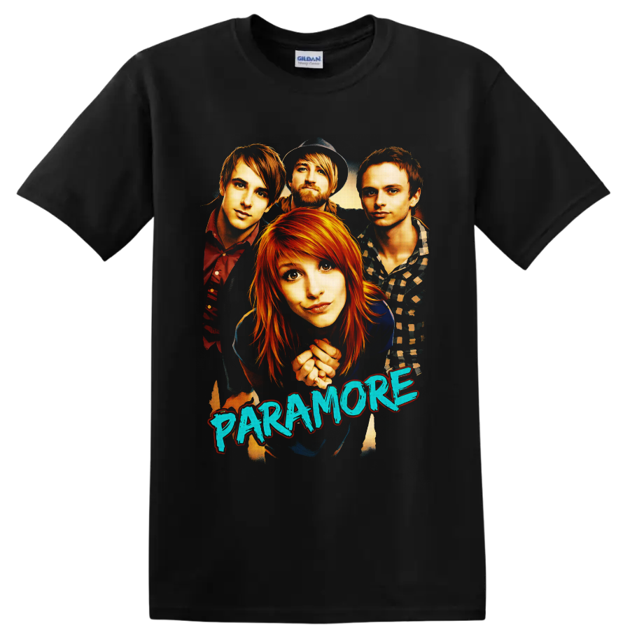 Paramore band portrait with Hayley Williams, Taylor York, Zac Farro, and blue lettering on a Black T Shirt