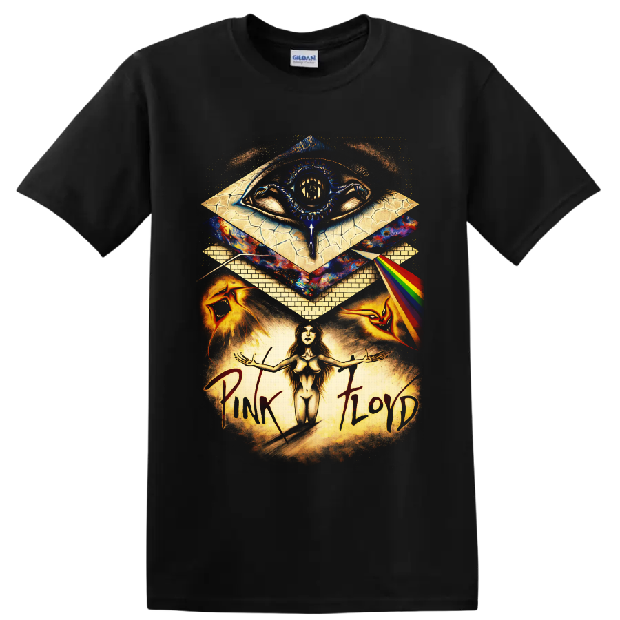 Pink Floyd-inspired psychedelic prism eye, rainbow beam, and surreal cosmic rock collage on a Black T Shirt