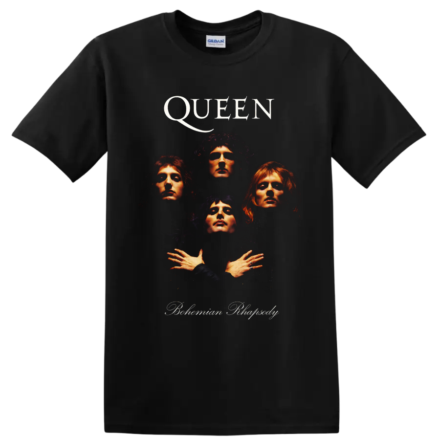 Queen Bohemian Rhapsody four-member portrait graphic with dramatic rock lighting on a Black T Shirt