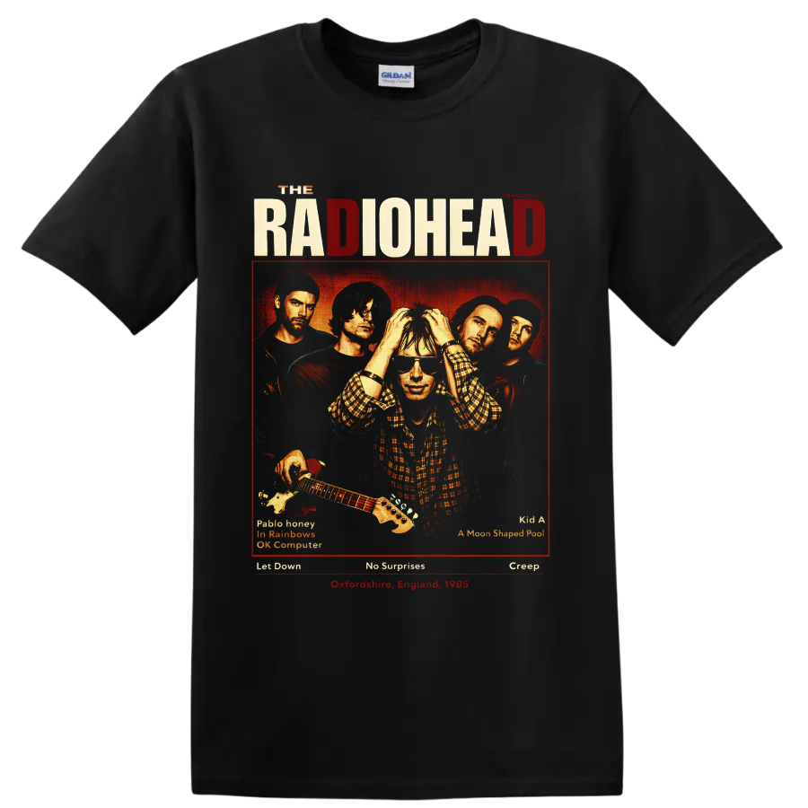 Radiohead band portrait poster with Thom Yorke, guitar, distressed lettering, and song on a Black T Shirt