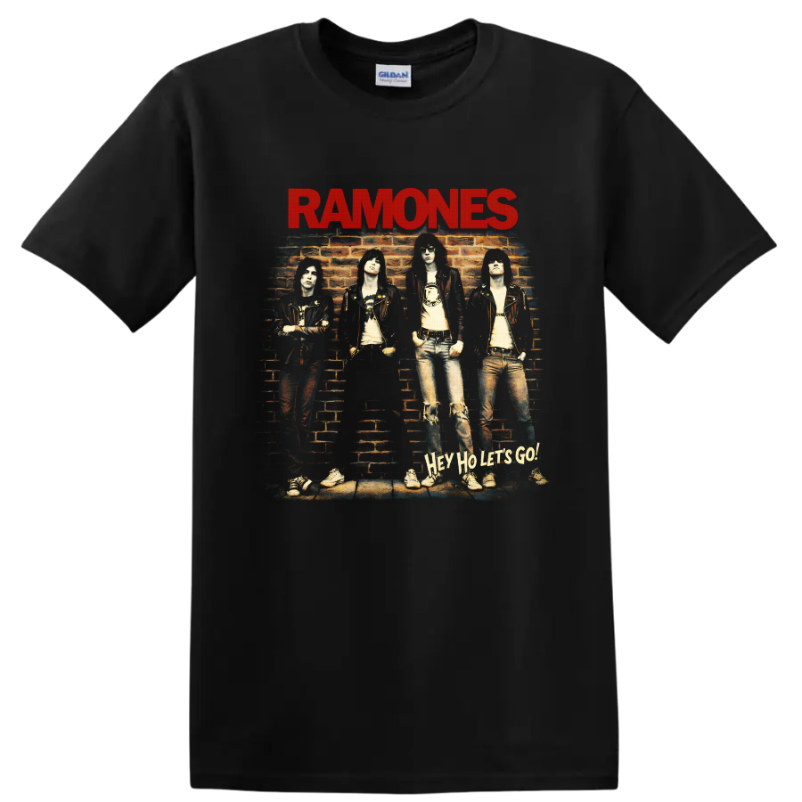 Ramones punk rock brick wall band portrait with red logo and Hey Ho Let’s Go text on a Black T Shirt