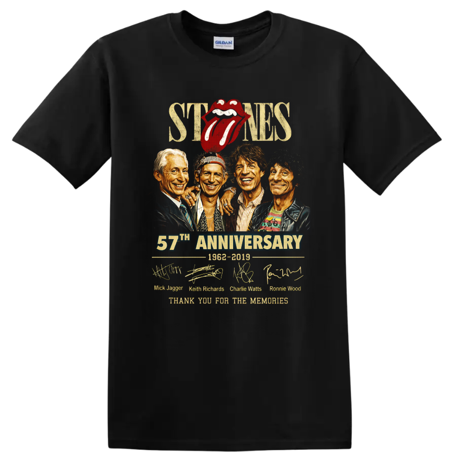Rolling Stones anniversary portraits with red tongue logo, signatures, and 1962-2019 text on a Black T Shirt
