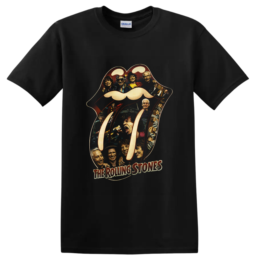 Rolling Stones tongue-and-lips logo collage with vintage band portraits on a Black T Shirt