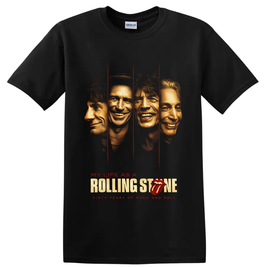 Rolling Stones My Life as a Rolling Stone four-portrait rock graphic with red panels on a Black T Shirt