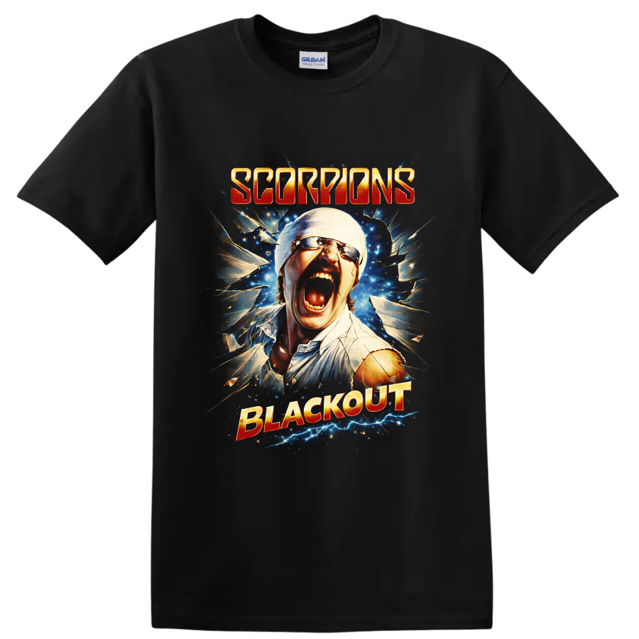Scorpions Blackout screaming man shattered glass rock artwork with electric blue sparks on a Black T Shirt
