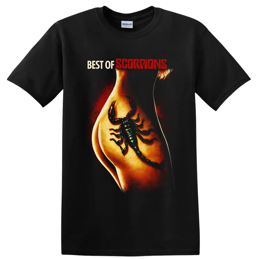 Scorpions Best of lettering above a tattoo-style torso with a large scorpion on a Black T Shirt