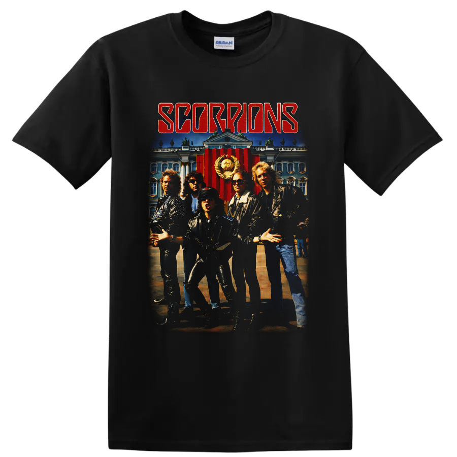 Scorpions band portrait with Soviet palace backdrop and distressed red lettering on a Black T Shirt