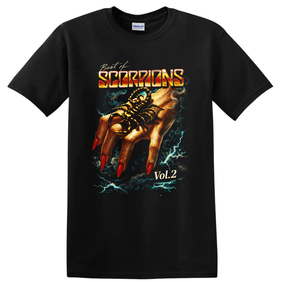 Scorpions Best of Vol. 2 scorpion hand graphic with lightning and smoke on a Black T Shirt