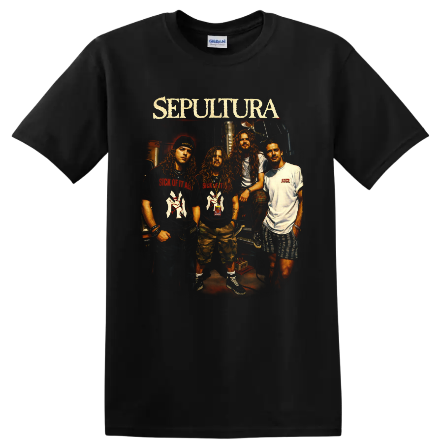 Sepultura band portrait with Max Cavalera, vintage microphone, and distressed logo on a Black T Shirt