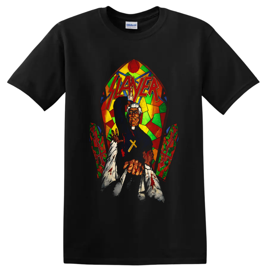 Slayer logo over gothic priest with cross, bloody hands, and colorful stained-glass art on a Black T Shirt