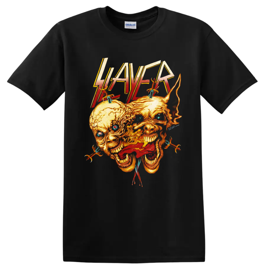 Slayer logo above fiery fused screaming skulls with spikes, wires, and blue eyes on a Black T Shirt
