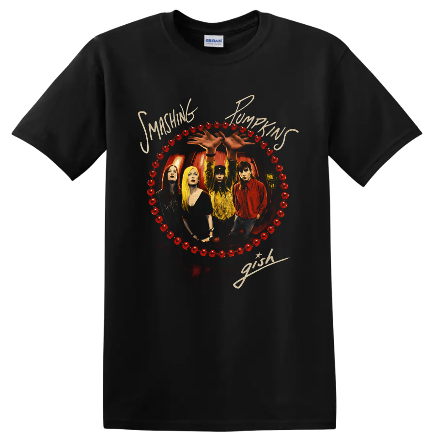 Smashing Pumpkins Gish band portrait with red pumpkin border and cream script lettering on a Black T Shirt
