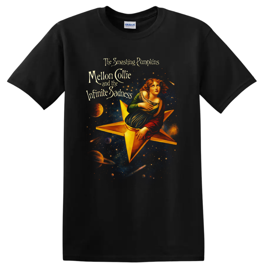 Mellon Collie celestial star maiden with galaxy, planets, and ornate band lettering on a Black T Shirt