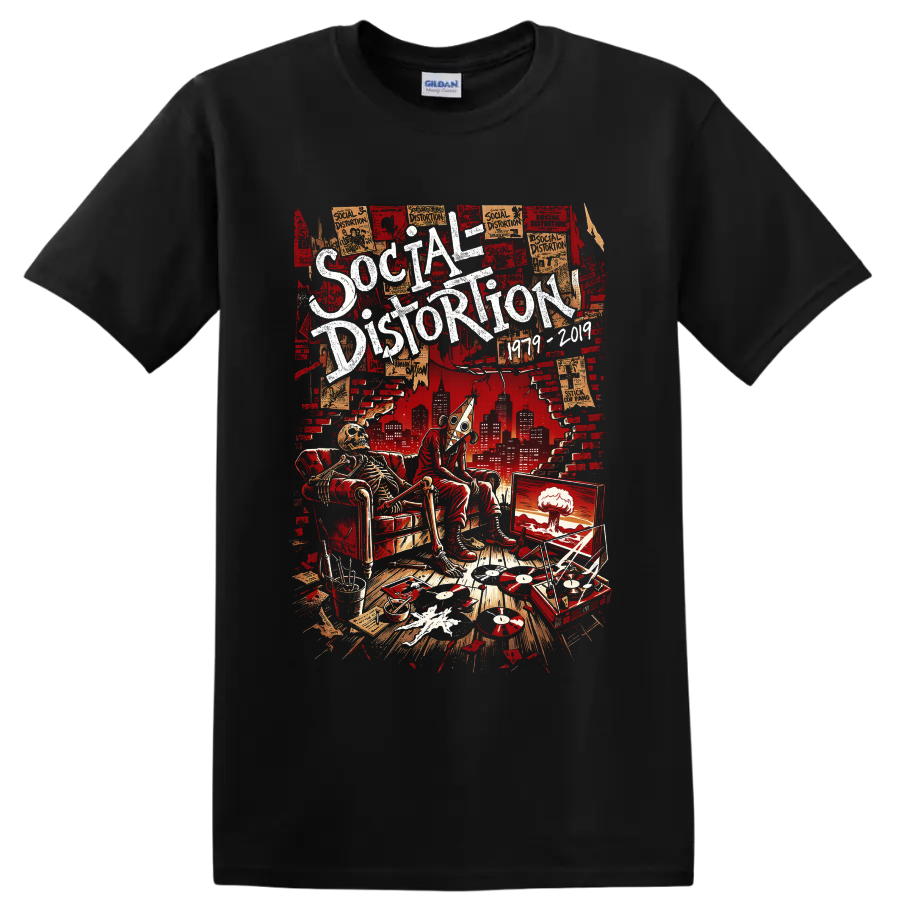 Social Distortion distressed punk poster with skeleton, vinyl records, turntable, and on a Black T Shirt