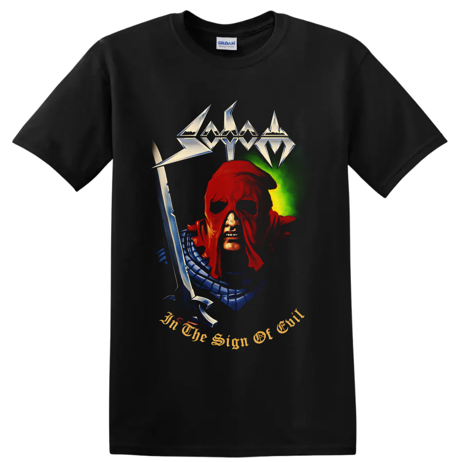 Sodom In the Sign of Evil hooded figure with sword and metallic logo artwork on a Black T Shirt