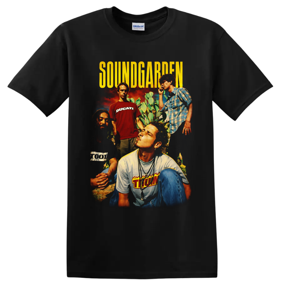 Soundgarden four-member desert portrait collage with distressed yellow lettering on a Black T Shirt