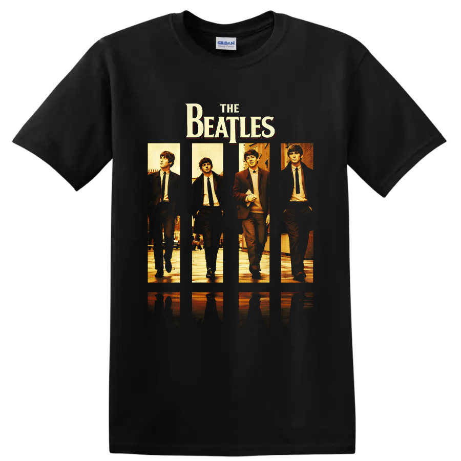 The Beatles four-panel warm-toned portraits with bold band lettering on a Black T Shirt