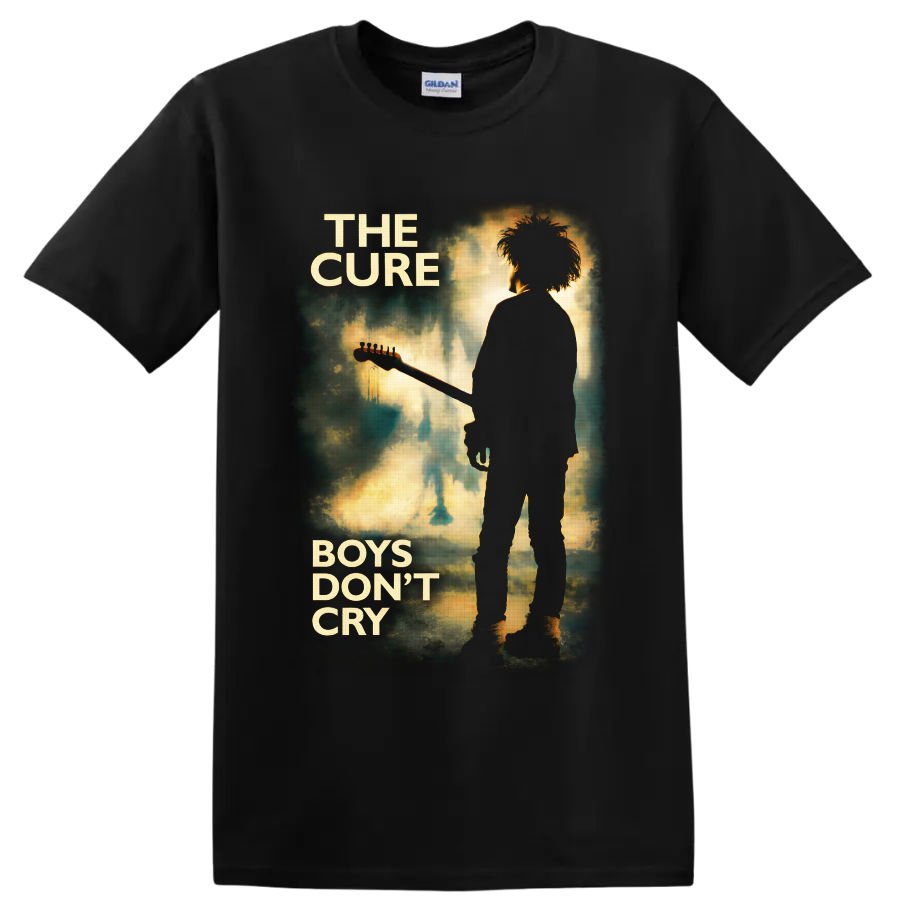 The Cure Boys Don't Cry guitarist silhouette in distressed teal and gold poster art on a Black T Shirt