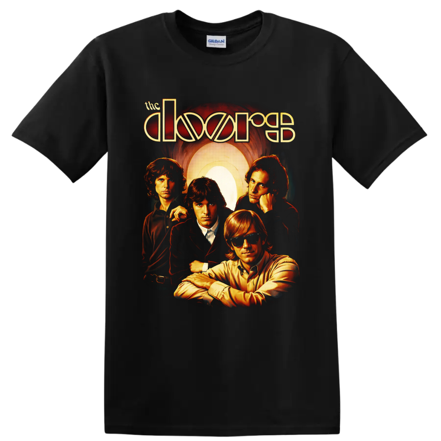 The Doors four-member retro portrait with glowing arch and stylized band lettering on a Black T Shirt