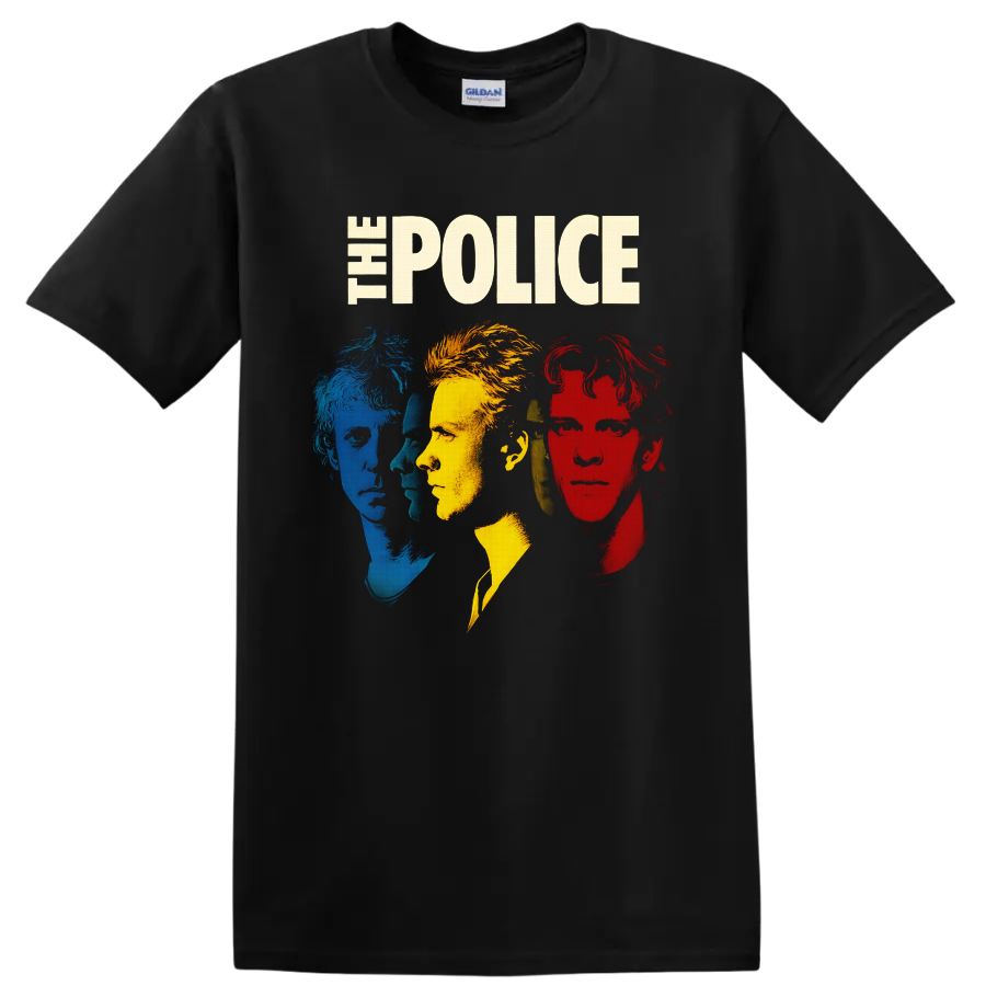 The Police portraits of Sting, Andy Summers, and Stewart Copeland in distressed pop art on a Black T Shirt
