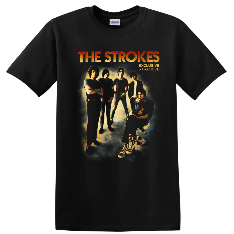 The Strokes group portrait with orange lettering in a smoky vintage rock poster style on a Black T Shirt