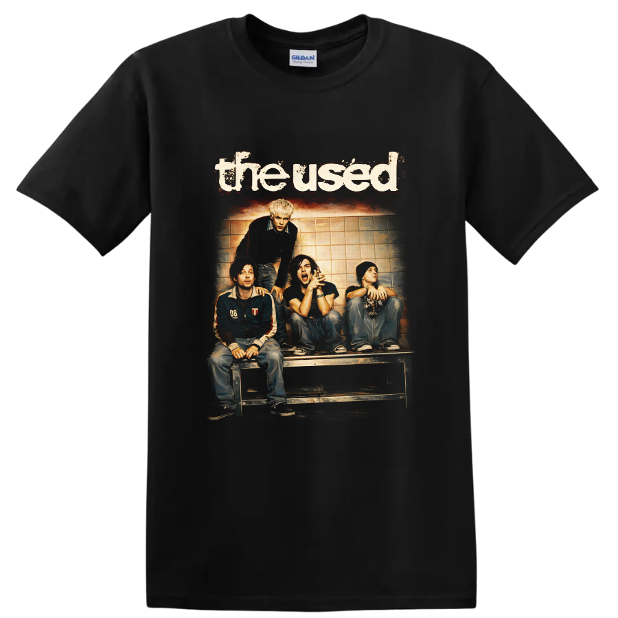 The Used four-member rock band portrait with distressed lettering and warm vintage photo on a Black T Shirt