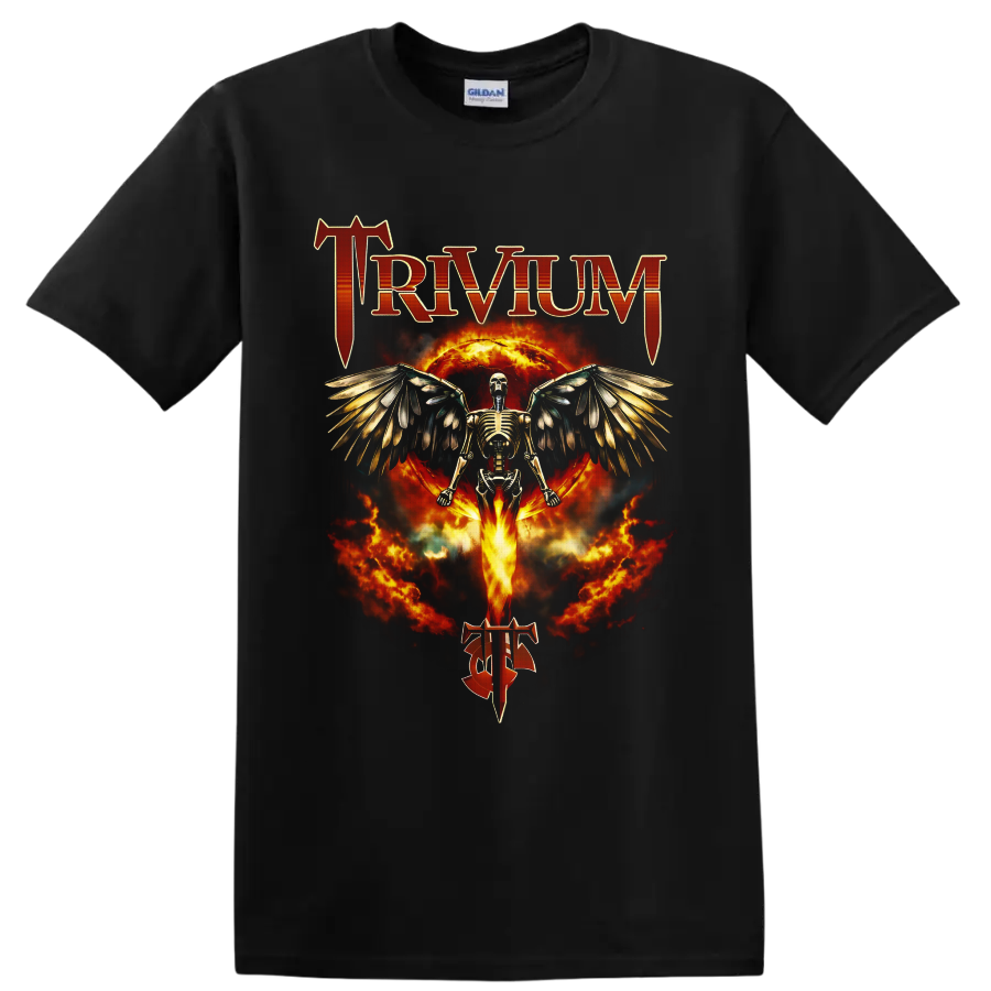 Trivium winged skeleton with fiery Ascendancy-inspired gothic artwork on a Black T Shirt