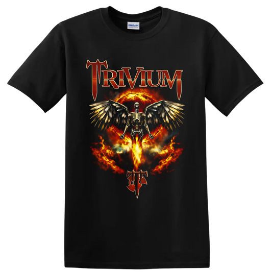 Trivium winged skeleton with fiery Ascendancy-inspired gothic artwork on a Black T Shirt