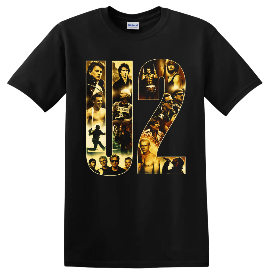 U2 letterforms filled with gold-toned band portraits, drummer, singer, and stage imagery on a Black T Shirt