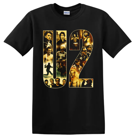 U2 letterforms filled with gold-toned band portraits, drummer, singer, and stage imagery on a Black T Shirt