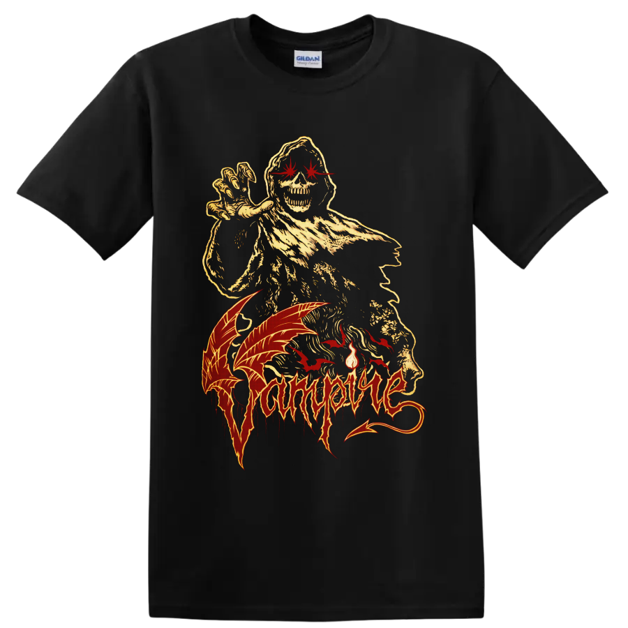 Vampire hooded skeleton with red bats and distressed gothic horror artwork on a Black T Shirt